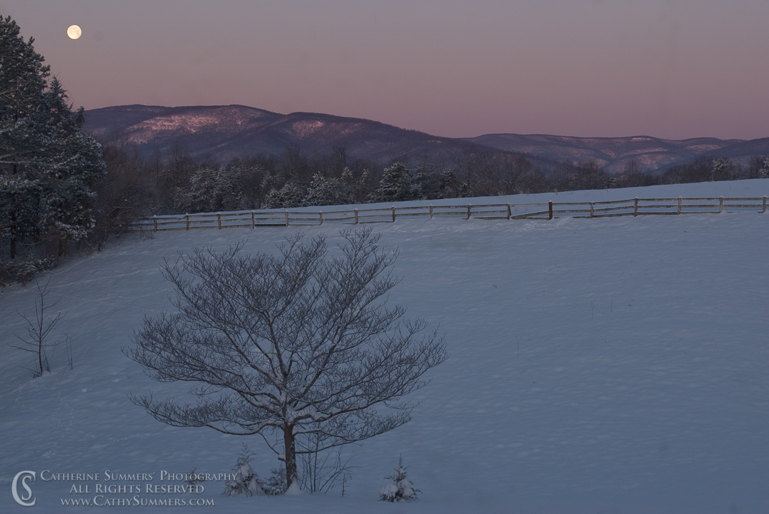 Full Moon and Blue Ridge Mountains on a Snowy Dawn: Albemarle County, Virginia