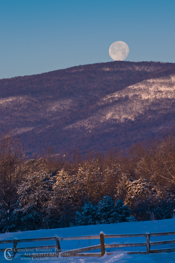 Full Moon and Blue Ridge Mountains on a Snowy Dawn: Albemarle County, Virginia