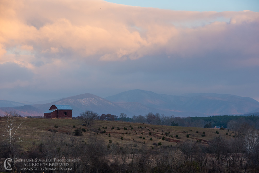 Snowy Blue Ridge Mountains and Barn at Dawn: Greene County, Virginia
