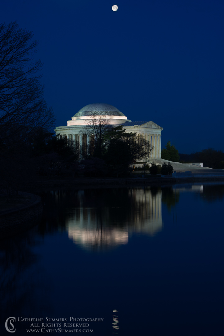 Full Moon and Jefferson Memorial Before Dawn with Reflection in Tidal Basin: Washington, DC