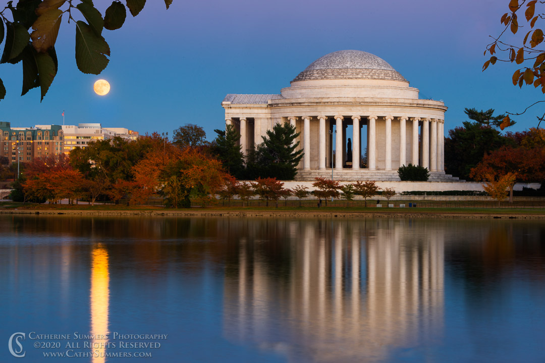 Autmn Moon Rise at Jefferson Memoria with Reflection in the Tidal Basinl: Washington, DC