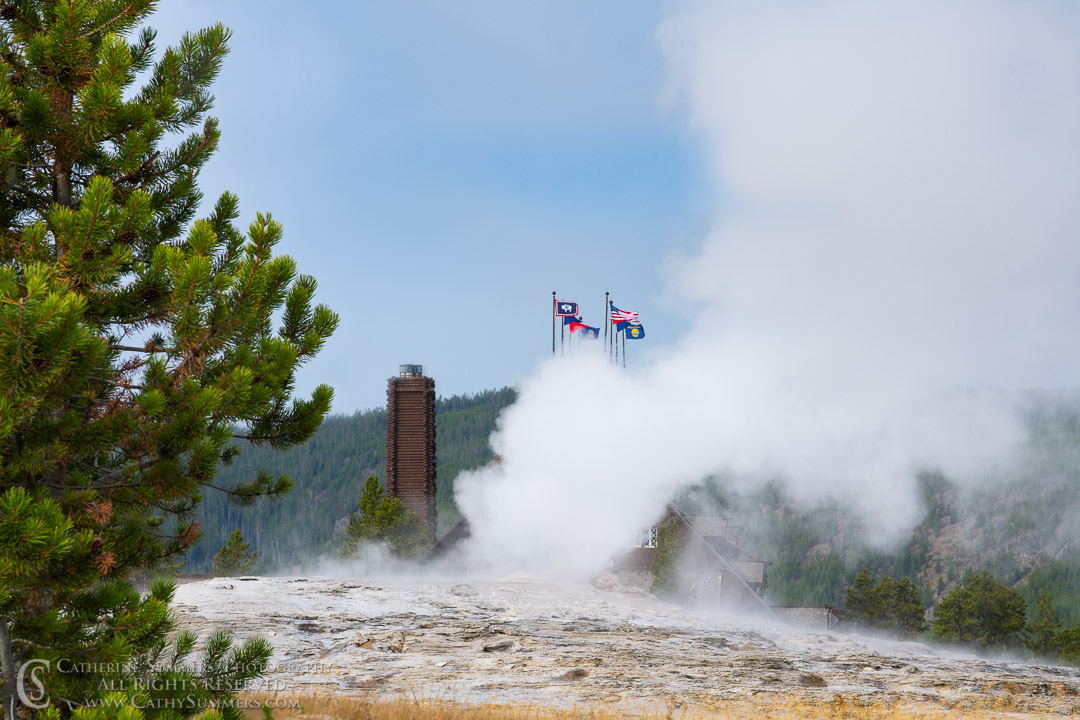 Old Faithful and Old Faithful Inn and Waning Erruption: Yellowstone National Park