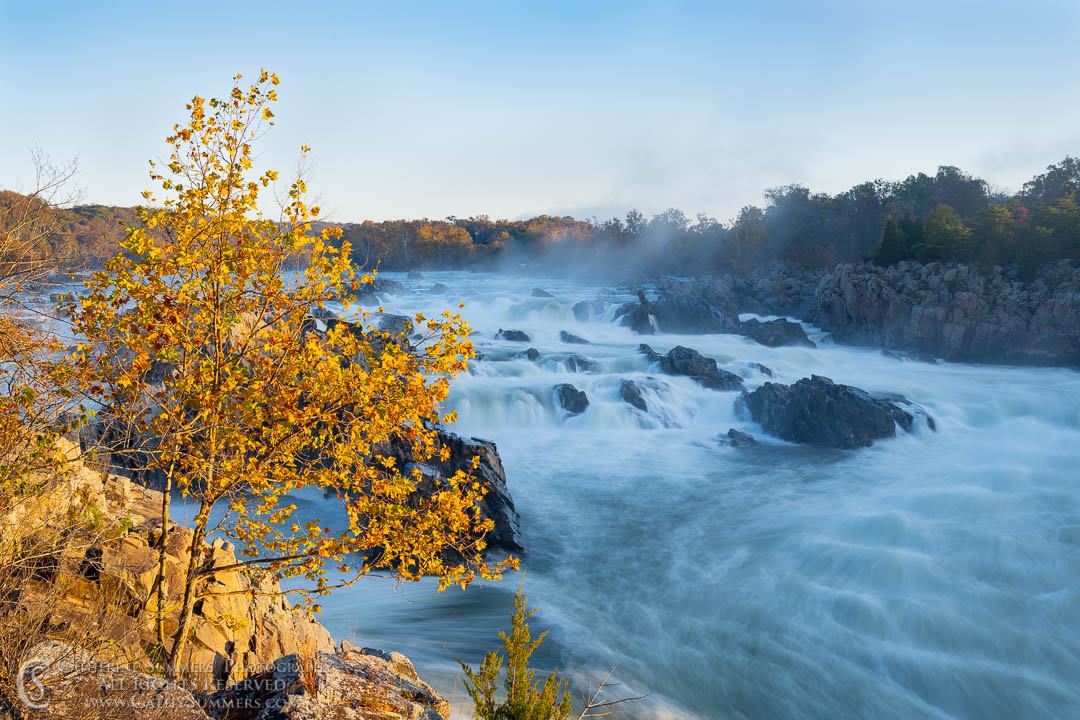 Golden Leaves and a Long Exposure at Great Falls of the Potomac on an Autumn Morning: Great Falls National Park, Virginia
