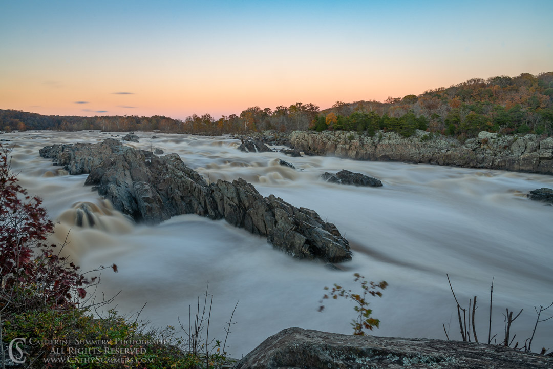 Great Flalls of the Potomac at Sunset on an Autumn Afternoon with a One Minute Exposure to Blur the Water.: Great Falls National Park, Virginia