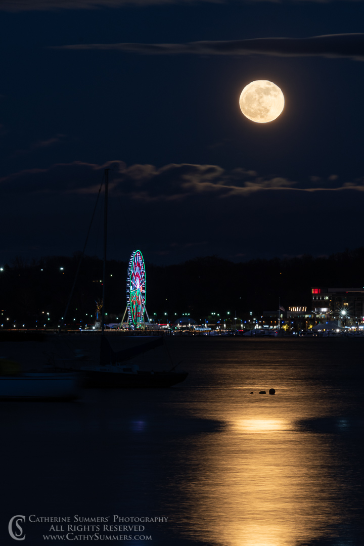 Full Moon Rising Over the National Harbor Ferris Wheel with Reflection in the Potomac River