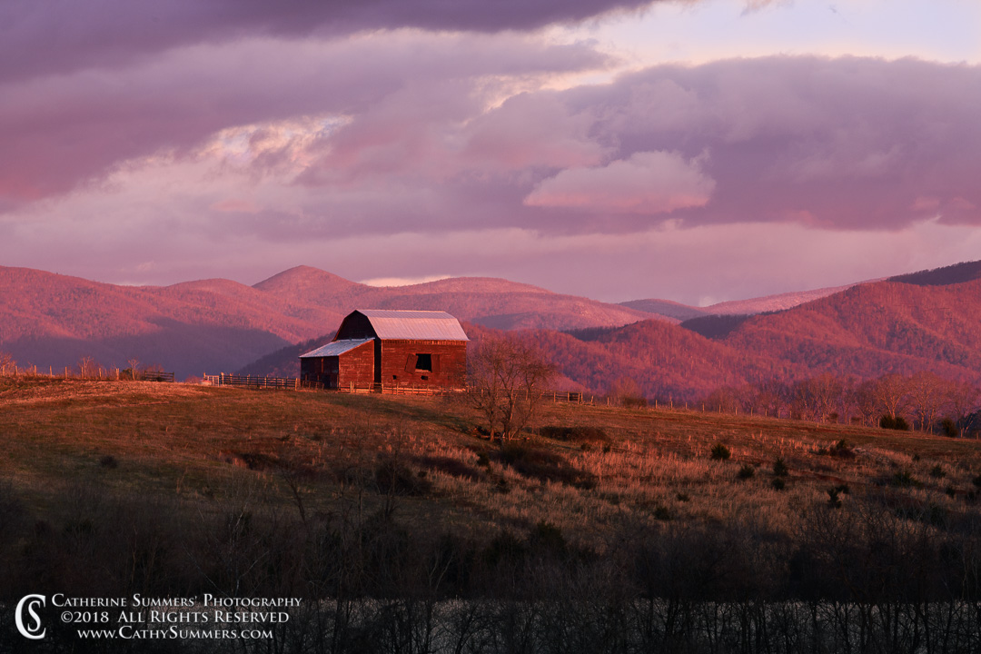 Barn at Dawn with a Dusting of Snow on the Blue Ridge Mountains