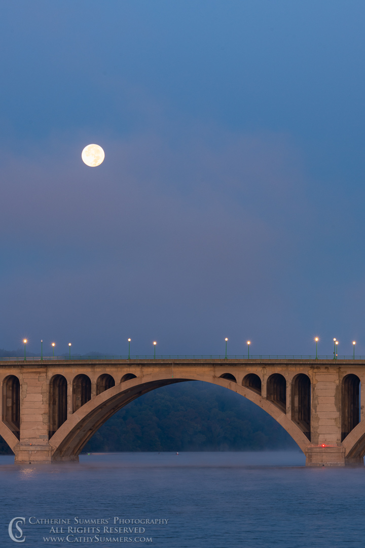 Waning Full Moon Over Key Bridge and the Potomac River as Dawn Arrives