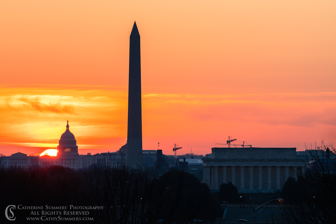 20200318_012: horizontal, Washington Monument, Lincoln Memorial, US Capitol, sunrise