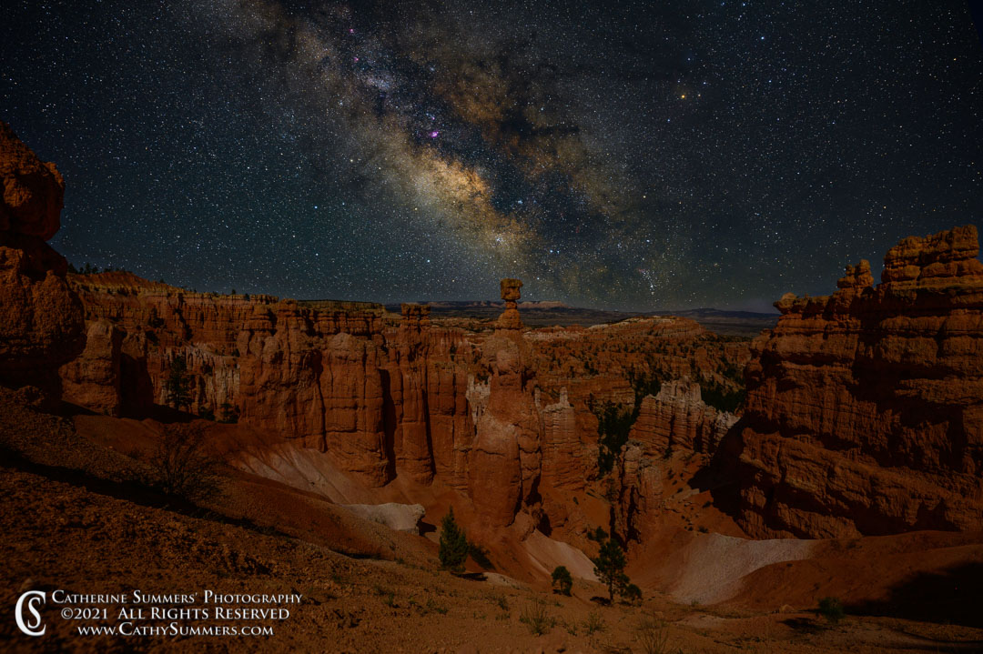 Thor's Hammer in Bryce Canyon Amphitheater as lit by a waxing moon - Composite with the Milky Way a few hours after the moon set