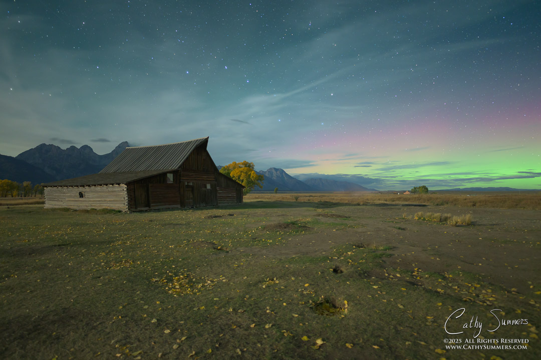 TA Moulton Barn in the Moonlight as the Aurora Lights the Northern Sky in Grand Teton National Park aurora, Grand Teton National Park, Moulton Barn