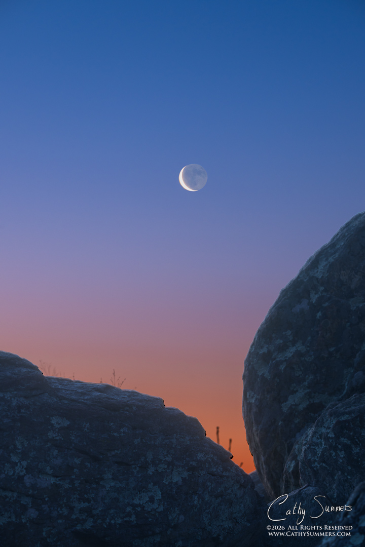 Crescent Moon Rising at Hazel Mountain Overlook, Shenandoah National Park, Composite Photo (Focus Stack and Exposure Blend)